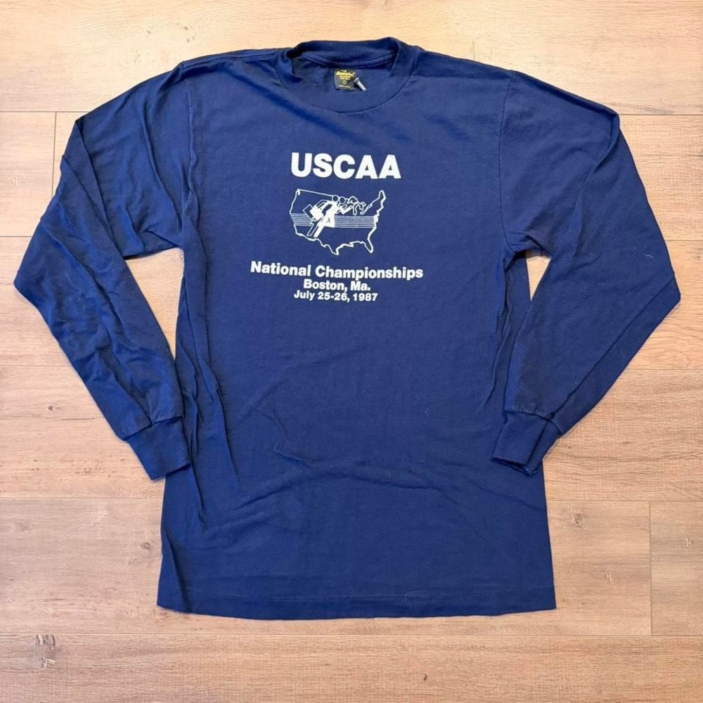 Vintage 80's long sleeve faded navy blue t shirt USCAA National